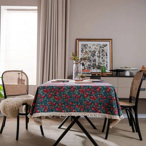 American Country Jacquard Tablecloth With Tassels Floral Cherry Pattern Rectangular Dustproof Table Cover For Dining Room Home Decor