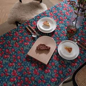 French retro style tablecloth with cherry jacquard pattern and white tassel edges