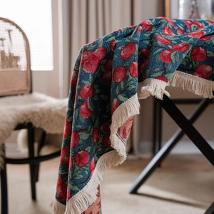 American style dark blue table cloth with red cherry jacquard and white tassels