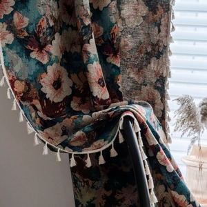 American Vintage Floral Jacquard Curtains With White Tassels Semi-Blackout Drapery For Home Bedroom Living Room Windows