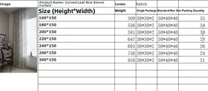 Detailed size chart for vintage leaf pattern curtains with various height and weight options