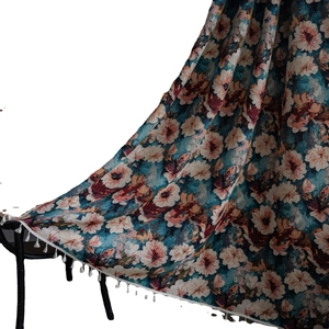 Retro floral curtain with jacquard flower patterns and white fringe trim details