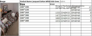 Size chart showing dimensions and weight for floral jacquard sofa cover with fringe detail