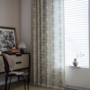 Vintage cotton linen curtains with leaf print patterns and decorative fringe tassel trim