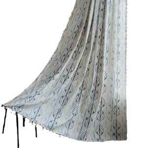 Floral print cotton linen curtain with tassels in blue and yellow botanical leaf pattern