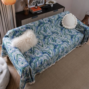 Blue and green floral marble jacquard sofa cover with fringe tassels for home decor