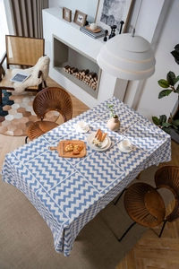 Detailed view of the blue and white zigzag pattern on the thick cotton linen tablecloth