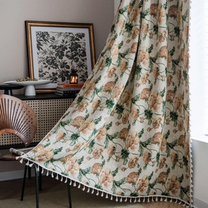 Französische Vintage-Jacquard-Vorhänge mit Blumenmuster und Quasten für die Deko