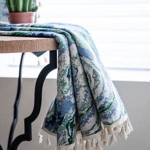 Blue and green floral jacquard curtain with elegant white tassels for window decoration