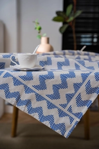 Close-up of vintage blue geometric pattern on high-quality linen blend tablecloth