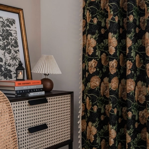 French vintage curtains with orange floral jacquard patterns and elegant cream tassels