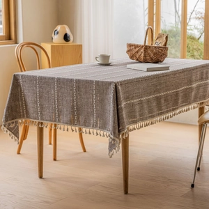 Rectangle dark coffee cotton linen tablecloth with white stripes and tassel edge