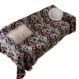 Retro floral knit sofa cover throw blanket with tassels in navy blue and coral