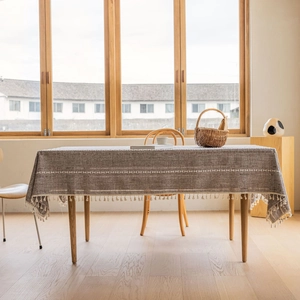 Linen cotton dark brown tablecloth with white geometric embroidery and tassel edges