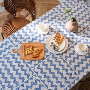 Blue and white zigzag geometric tablecloth in premium cotton linen fabric for home dining decor