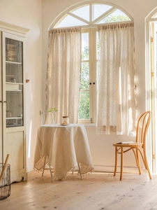 Detail of French vintage lace curtain with delicate daisy embroidery and tassel edges