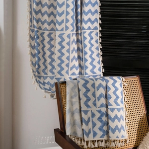 Rideau en coton et lin à motif vagues bleues avec bordure à glands pour la décoration