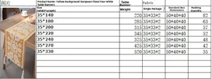 Detailed size chart for geometric jacquard table runner with yellow floral pattern