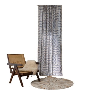 Rideau en coton et lin à motif zigzag bleu avec pompons pour fenêtres de maison