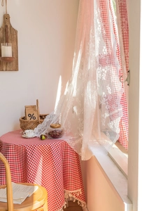 Detail of red and white checkered cloth with tassel edge and white floral lace curtain