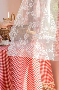 Close-up of white lace curtain with vintage floral patterns and sheer mesh texture