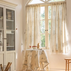 French Pastoral Polycotton Printed Door Curtain Semi-Blackout Lace Trim Short Curtain For Entryway Kitchen Bedroom Decor