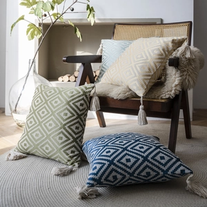 American Vintage Cotton Linen Jacquard Cushion Cover Geometric Grid Pillow Case With Tassels Decorative Sofa Throw Pillowcase