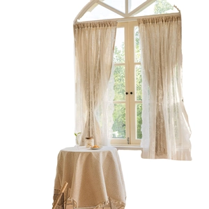 Rustic off-white daisy floral lace curtains and matching tablecloth set for cozy home decor