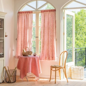 Red and white gingham window curtains with matching tassel tablecloth set for home decor
