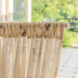 Linen grey sketch floral semi-sheer curtain with black retro flower print and rod pocket