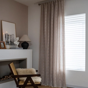 Brown striped linen curtain with fringe edge for living room window decoration