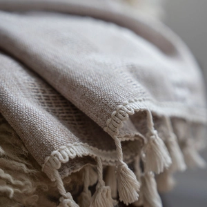 Brown striped embroidered curtain with elegant fringe tassels for kitchen and living room