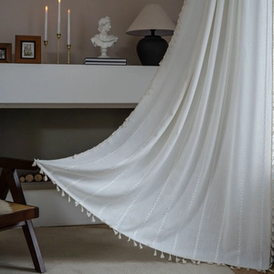 Tenda da Cucina in Cotone in Stile Country Americano Con Righe Verticali Ricamate e Nappe Tenda Cafe Semi-Oscurante Arredamento Casa