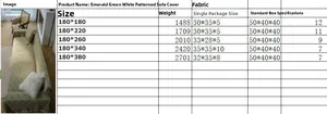 Size chart for green geometric jacquard sofa cover with tassels in various dimensions