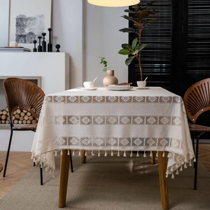 Pastoral Hollow Out Crochet Tablecloth With Tassels Cream Style Rectangle Cotton Linen Dustproof Table Cover For Home Decor