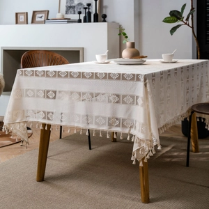 Rectangle cream crochet tablecloth with hollow diamond pattern and fringe tassels