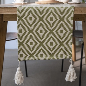 Nordic geometric green jacquard table runner with decorative tassels for dining decor