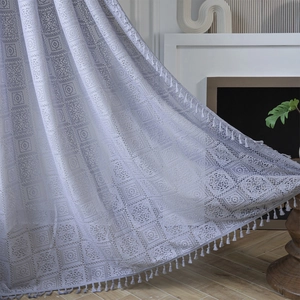 Grey crochet lace curtain with geometric hollow patterns and white tassel trim for home