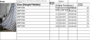 Size chart showing blue diamond print curtain measurements from 160cm to 300cm high
