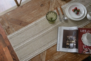 Close-up of Nordic geometric jacquard table runner with delicate white X-shaped embroidery