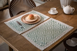 Detail of light green floral jacquard placemat with vintage lace edge on wooden table