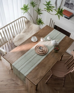 Detailed view of Nordic light green table runner with white geometric weave and tassels