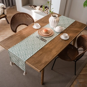 Nordic geometric mint green and beige jacquard table runner with cotton tassels