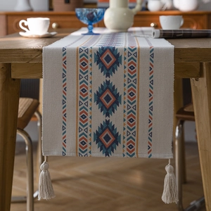 Bohemian Cotton Linen Table Runner Geometric Diamond Floral Pattern Tassels For Kitchen Dining Table Home Decoration