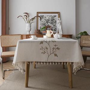 Elegant floral embroidery tablecloth with handmade tassels for rectangular dining tables
