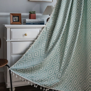 Green and white geometric jacquard curtain with elegant white fringe tassels for home decor