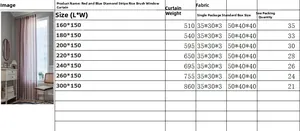 Detailed size chart for boho striped curtains with dimensions and weights for home decor