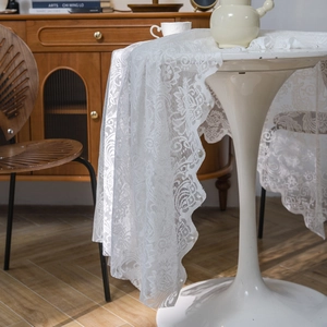 Elegant white lace tablecloth with floral embroidery and pearl details for home decor