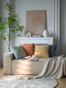 Detailed view of modern wave jacquard texture and geometric weave on decorative pillowcases