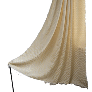 Beige countryside style semi-sheer curtain with embroidered diamond patterns and fringe